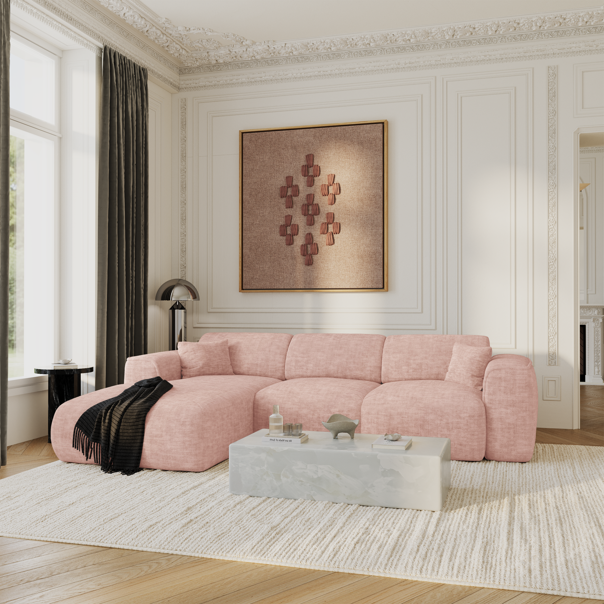 Hoekbank links met 5 zitplaatsen in vintage roze fluweel met textuur