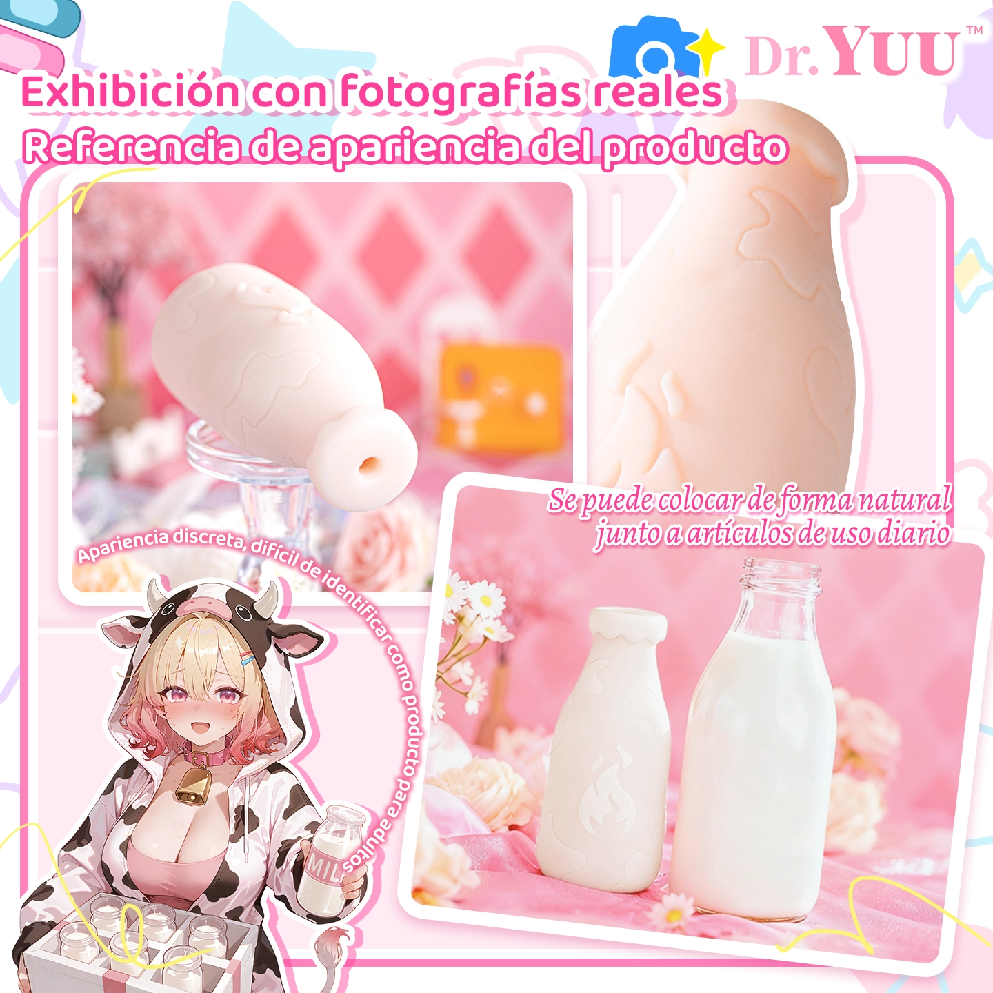 Fotografías reales del masturbador calefactable Dr.YUU, con diseño discreto inspirado en una botella y acabado exterior decorativo.