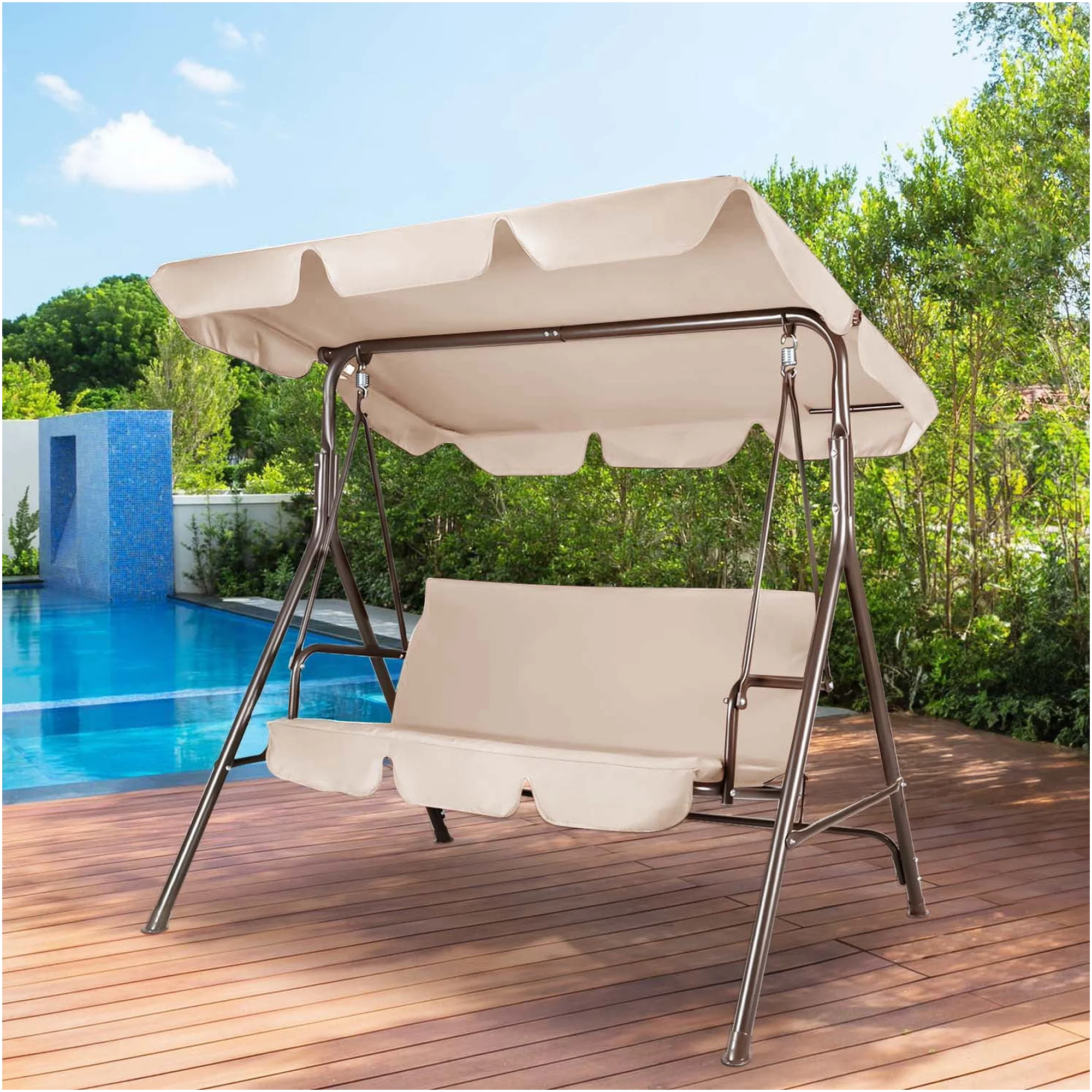 GVDV 3-Seat Steel Porch Paito Swing with Stand,Outdoor Swing Chair with Canopy,Yard swing&Outside swing,Canopy Swing-Brown - Image 14