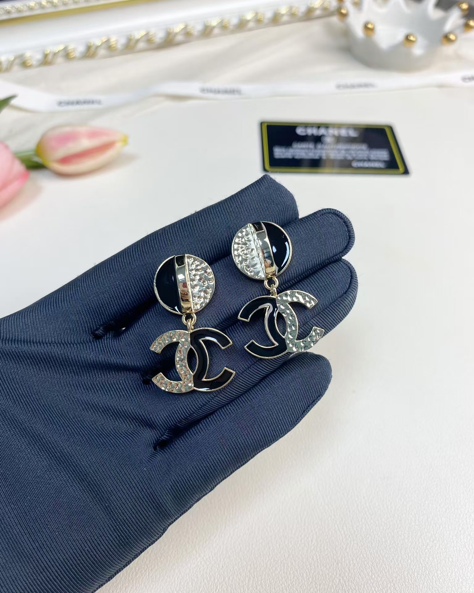 Chanel Half Black Enamel Double C Dangle Earrings - Original Replica Club