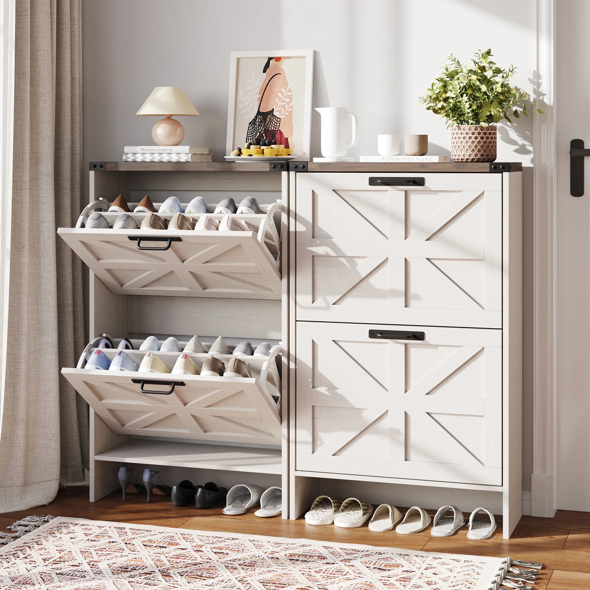 VEANERWOOD Shoes Storage Cabinet With Doors, Farmhouse Shoe Cabinet With 2 Flip Drawers For Entryway,Gray - Image 7