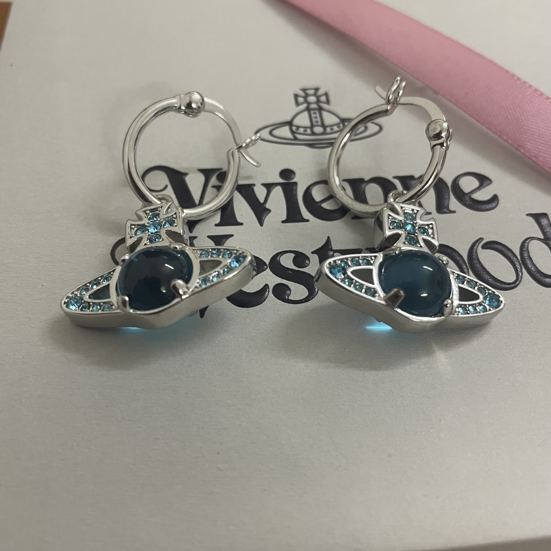 Vivienne Westwood Blue Green Lucky Bead Saturn Earrings - Original Replica Club