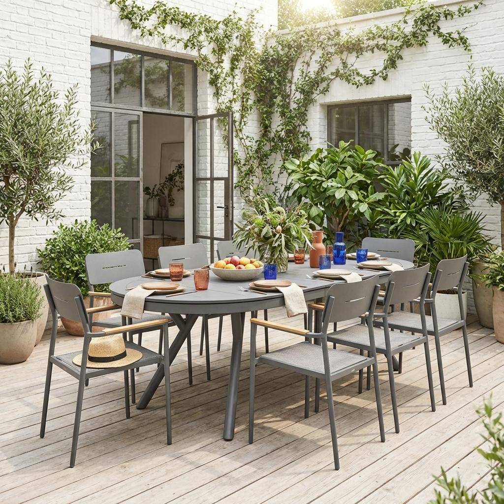 Metora + Fira - Conjunto mesa de jardín ovalada extensible de aluminio con 8 sillas