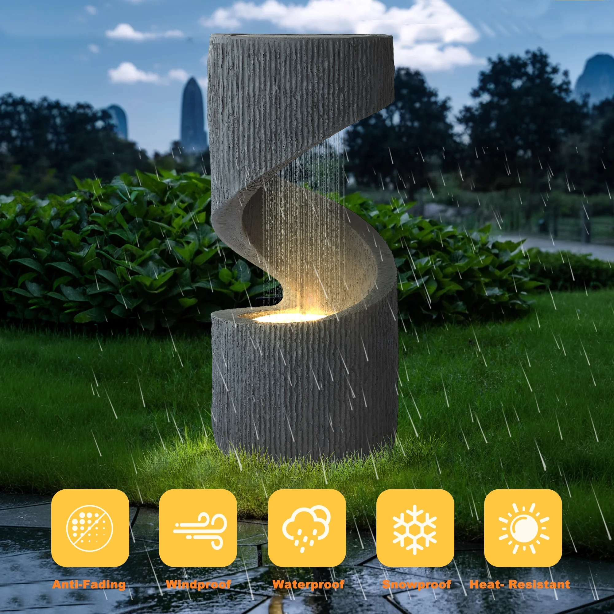 Magic Union Outdoor S-Shaped Water Fountain, Spiral Waterfall Indoor Fountain Outside Garden Decor with LED Lights & Pump, Curved Patio Resin Fountains for Yard, Deck, Porch and Home Decorations - Image 7