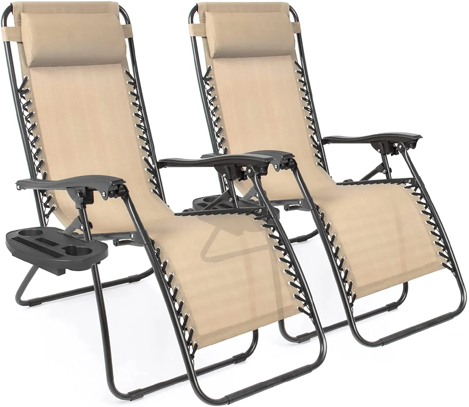 WAYFAIR Set Of 2 Adjustable Steel Mesh Zero Gravity Lounge Chair Recliners W/Pillows And Cup Holder Trays