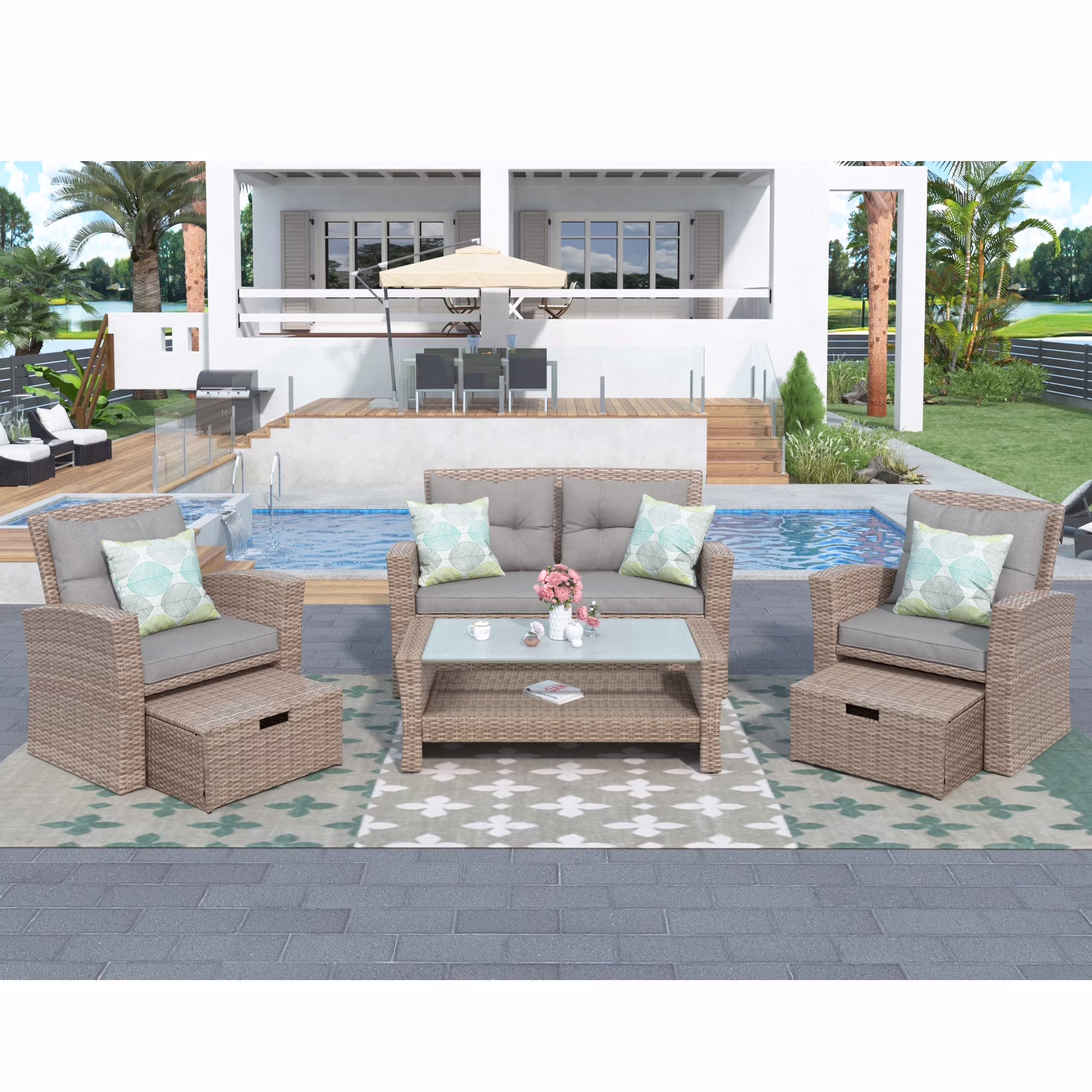 Harper & Bright Designs 4 Pieces Patio Wicker Chair with Ottoman and Coffee Table, Outdoor Rattan Loveseat Sectional Sofa Furniture Set for Garden, Beige Cushions - Image 4