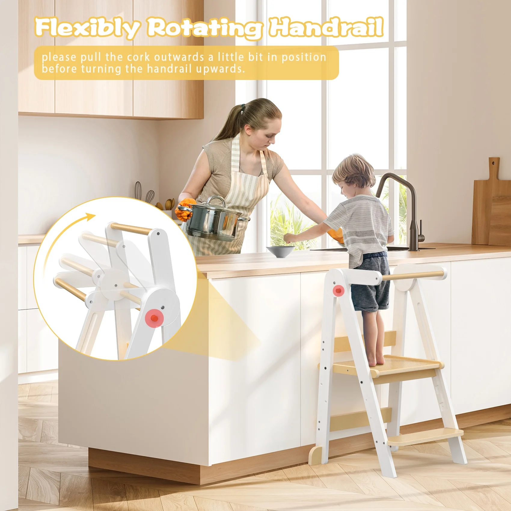 JOZ Kitchen Toddlers Step Stool, Montessori Kids Learning Stool, Foldable Toddler Tower for Counter, Standing Helper for Children, 3 Adjustable Heights, Wooden, White - Image 9