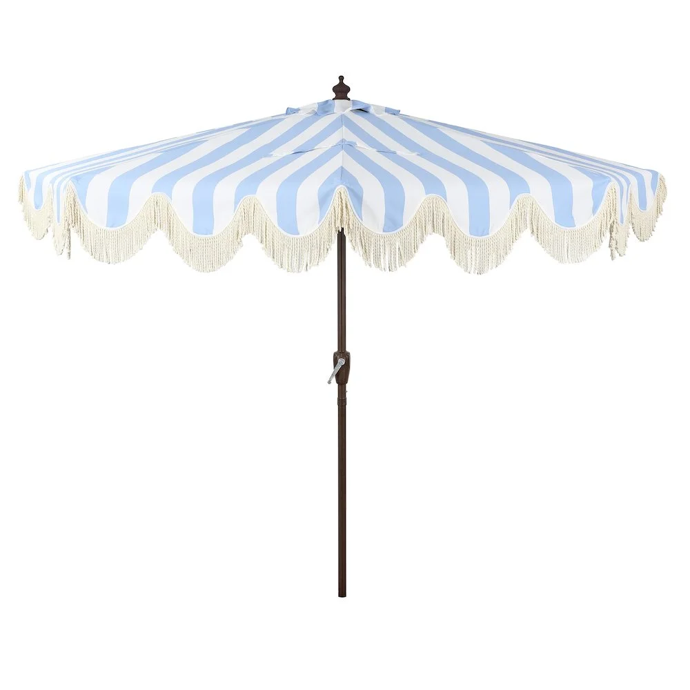 JONATHAN Y Beverly 9 ft. Half Market Patio Umbrella, Designer Classic Scalloped Fringe with Crank, Tilt Button and UV Protection, Blue/White/Cream, Dark Brown Pole - Image 40