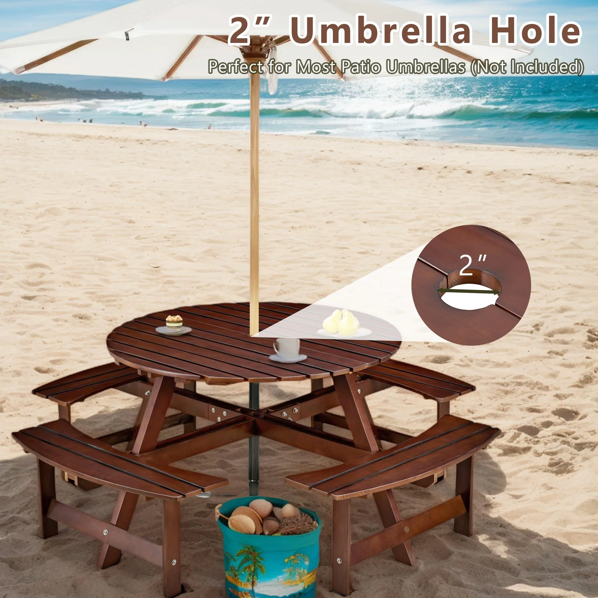 8 Person Wood Picnic Table, Outdoor Round Picnic Table with 4 Built-in Benches, Umbrella Hole, Outside Table and Bench Set for Patio, Backyard, 500lbs Capacity Per Bench - Image 11