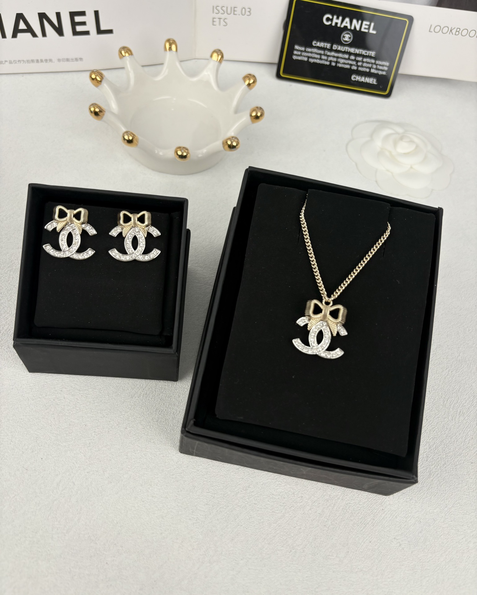 Chanel Light Gold Bow Mixed Silver CC Brooch Earrings Necklace - Original Replica Club