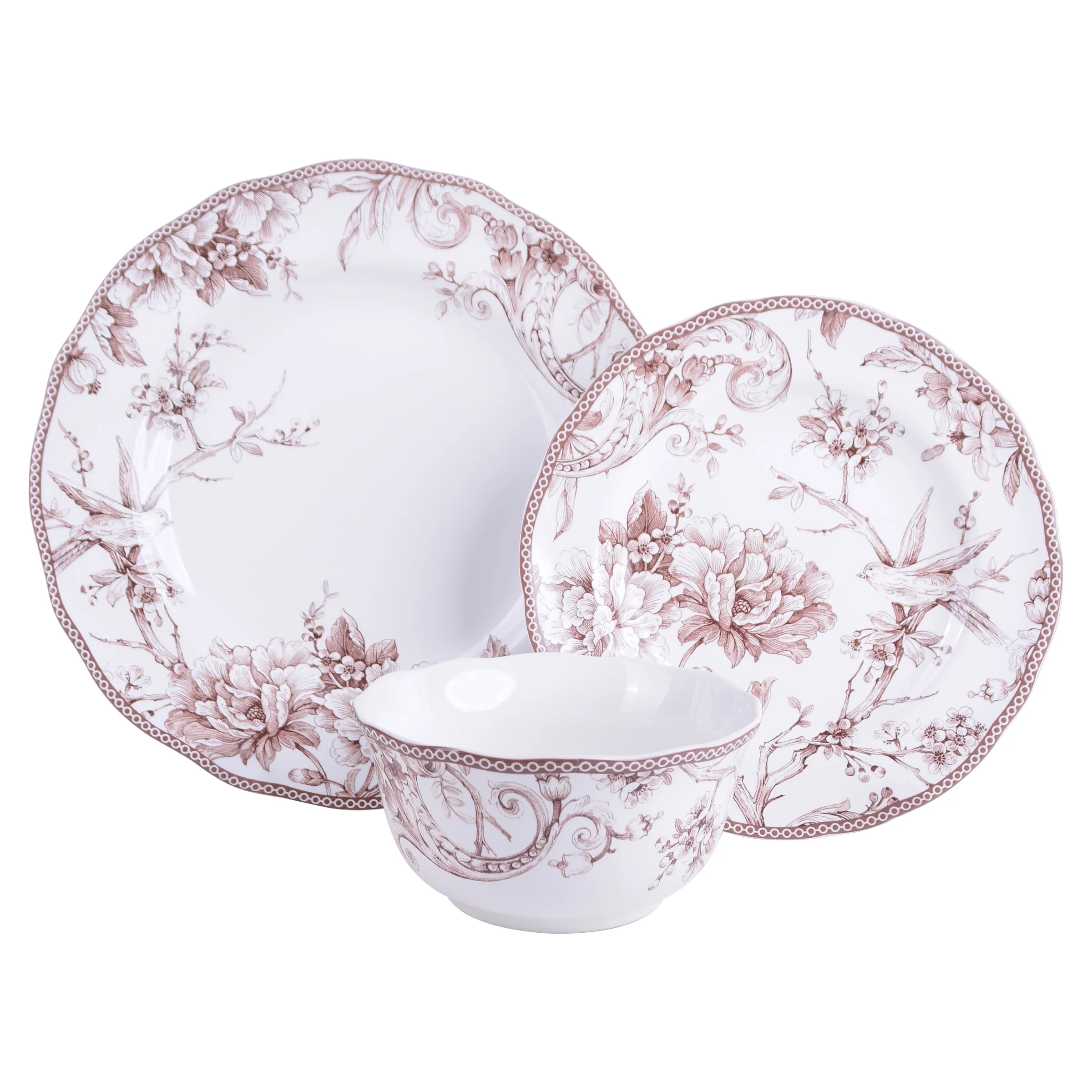 222 Fifth Adelaide Brown on White Porcelain 12 Piece Dinnerware Set, Plates & Bowls, Service for 4 - Image 2