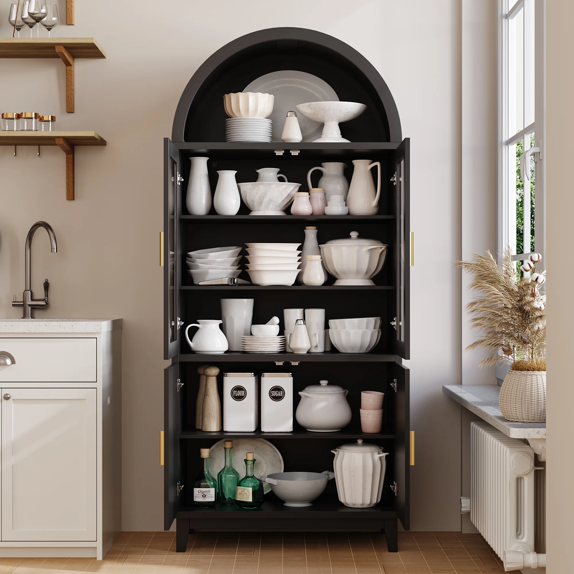 VEANERWOOD 71" Tall Arch Cabinet, Wood Fluted Kitchen Kitchen Storage Cabinet with 4 Doors and 6 Shelves for Dining Room Living Room - Image 11