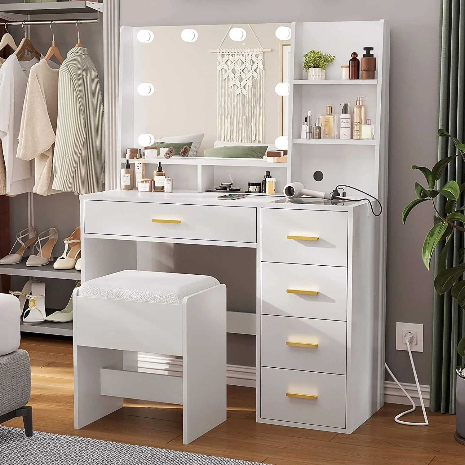 Black Vanity Set with Lights & Charging Station & Cushioned Stool, Modern Makeup Vanity Desk Table with Visible Drawers and Open Storage Shelves for Women Girls - Image 5