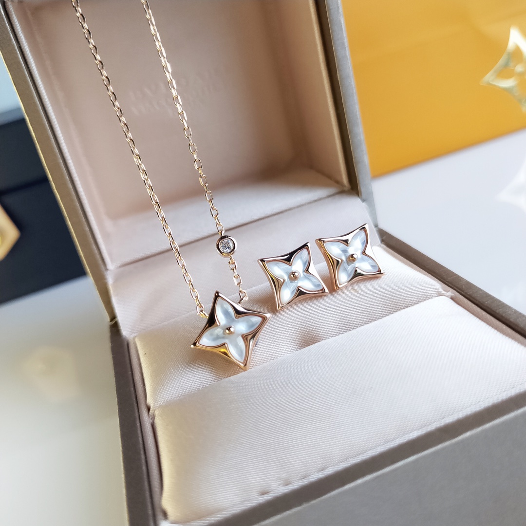 Louis Vuitton Rose Gold White Mother of Pearl Blossom Earrings Necklace - Original Replica Club
