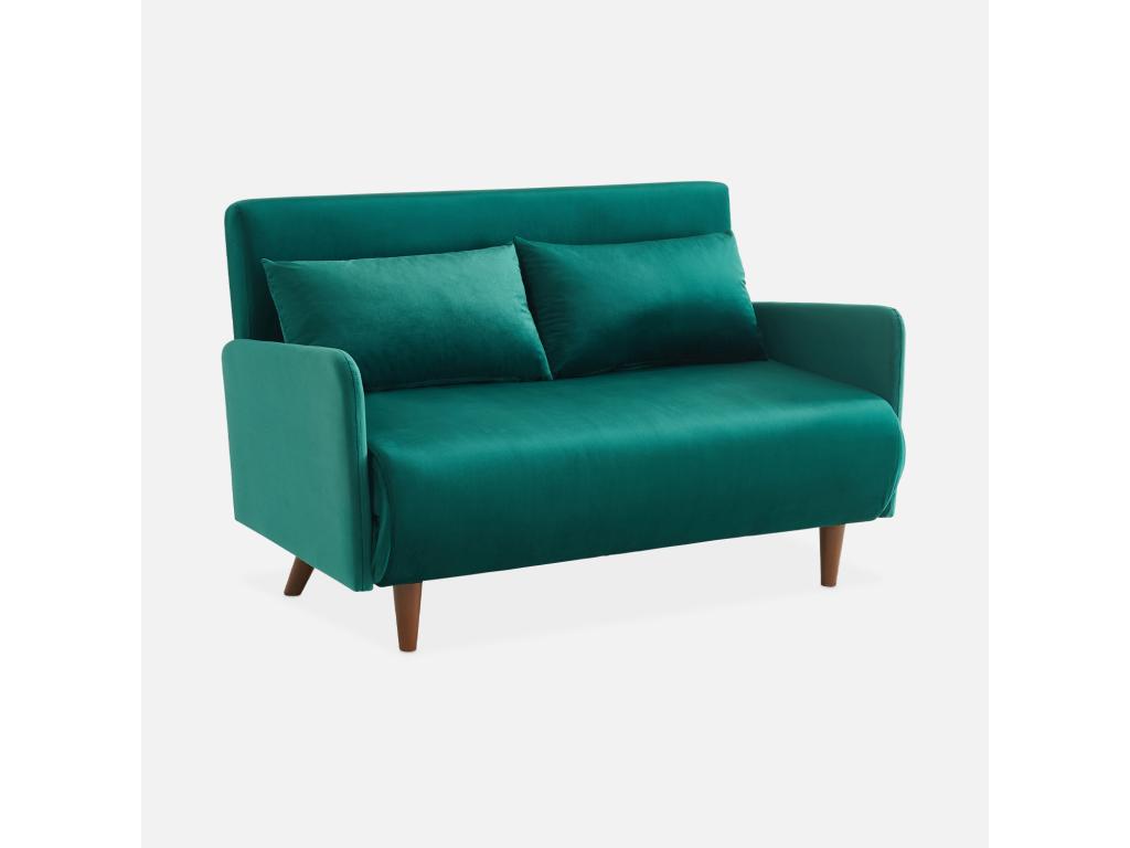 Sofá cama doble de terciopelo verde con patas de madera
