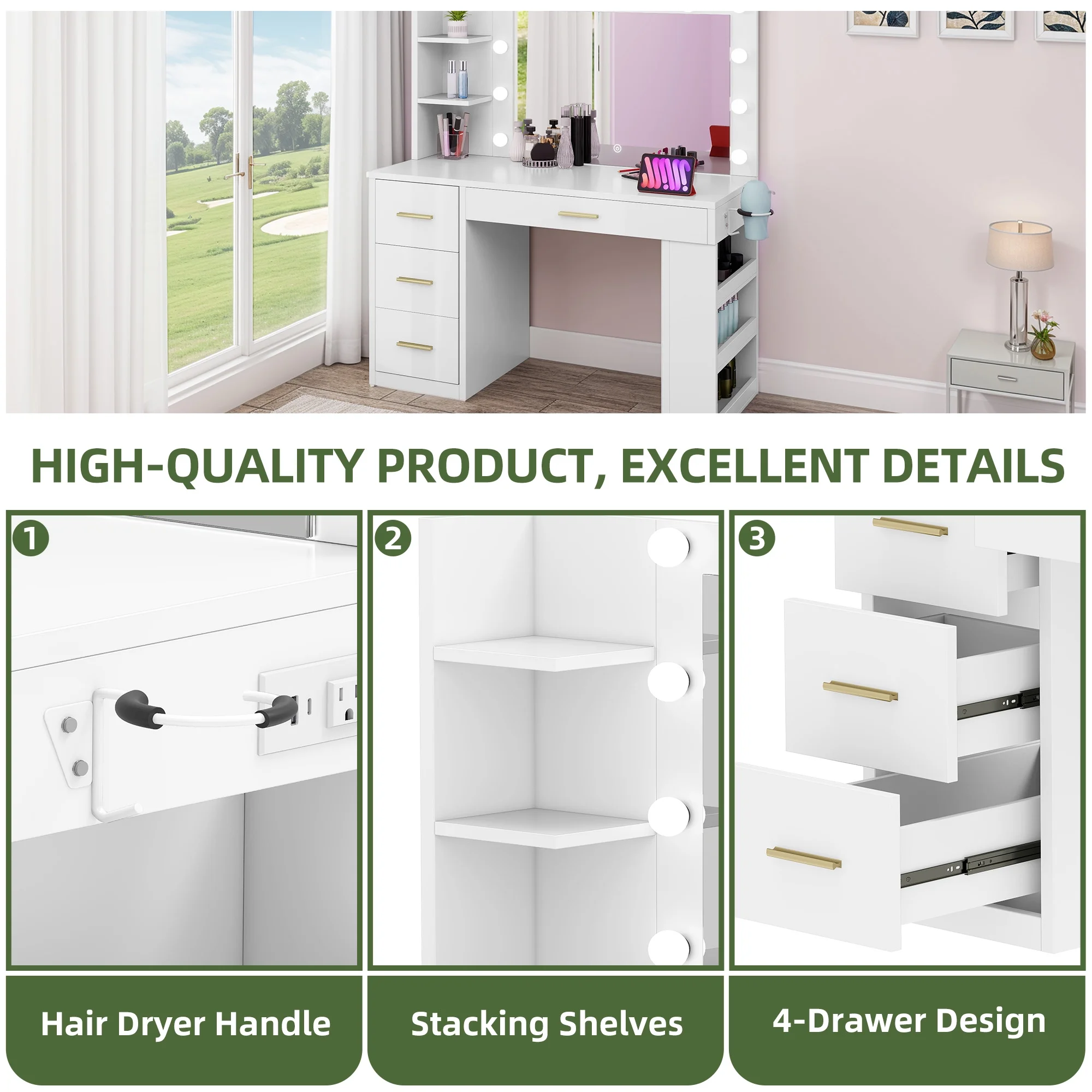 Uforic Makeup Vanity Desk with Mirror & Lights, Vanity Desk with 4 Drawers & Storage Shelves - White - Image 6