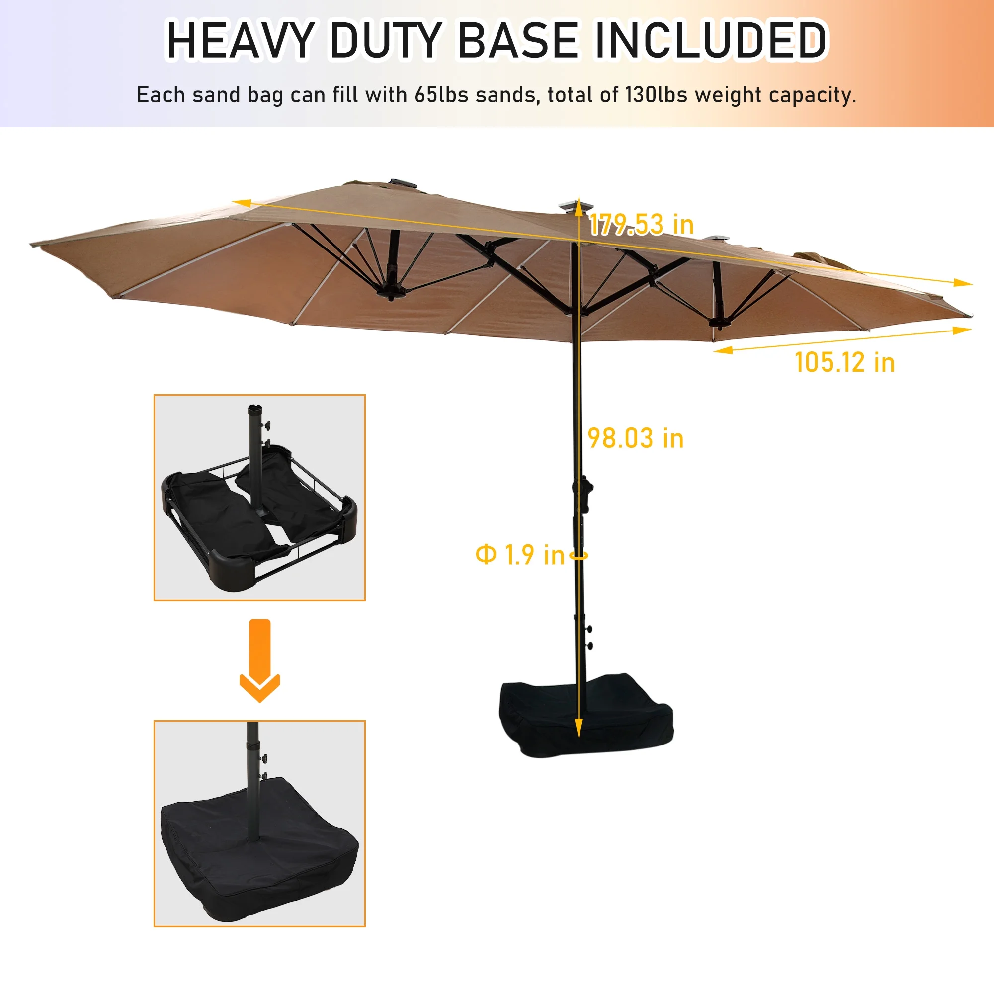 Mondawe 15ft Patio Umbrella, Large Double-Sided Solar LED Outdoor Umbrella with Fiberglass Ribs and Base for Deck Pool, Navy Blue - Image 18