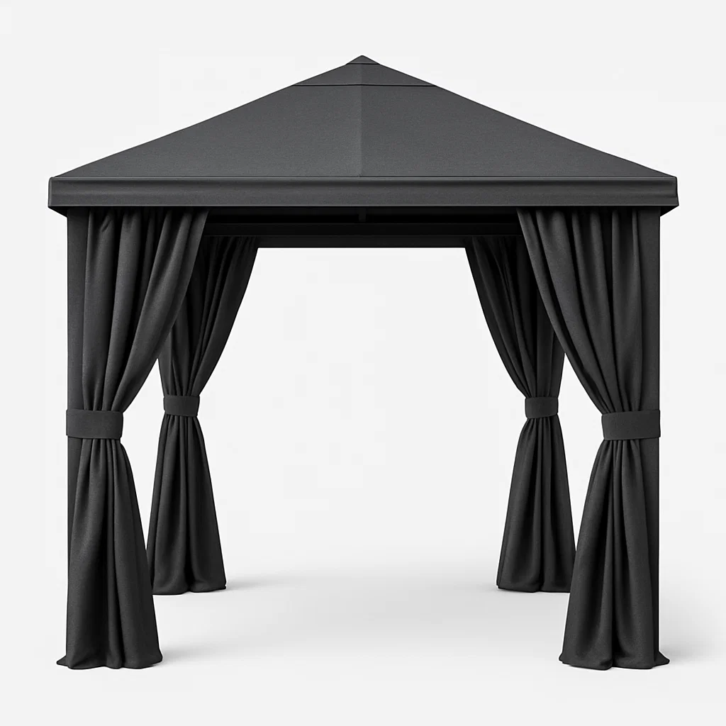 Pérgola negra con cortinas de acero para jardín o terraza, 386×386×250 cm uBQEawh277Or
