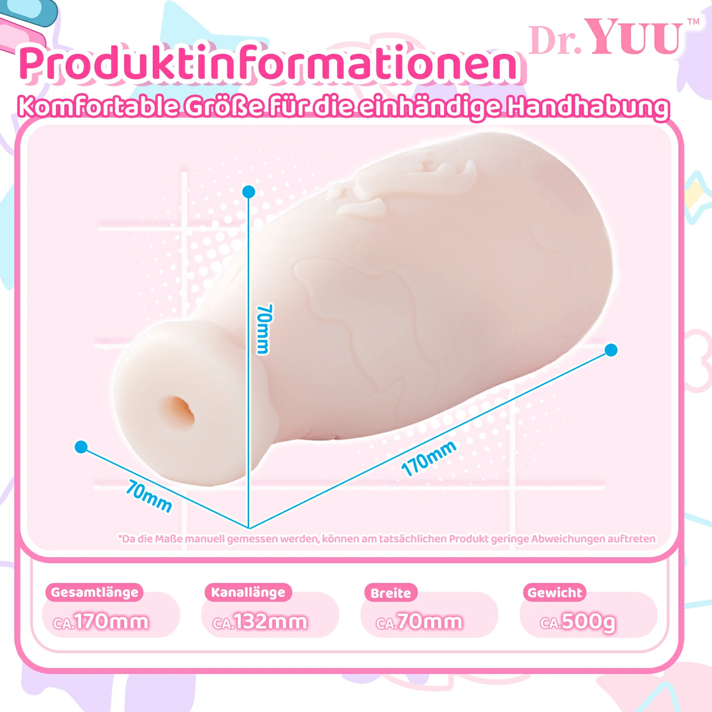 Produktmaße des Dr.YUU Milchflaschen-Masturbators: 170 × 70 × 70 mm, 132 mm Kanallänge und etwa 500 g Gewicht