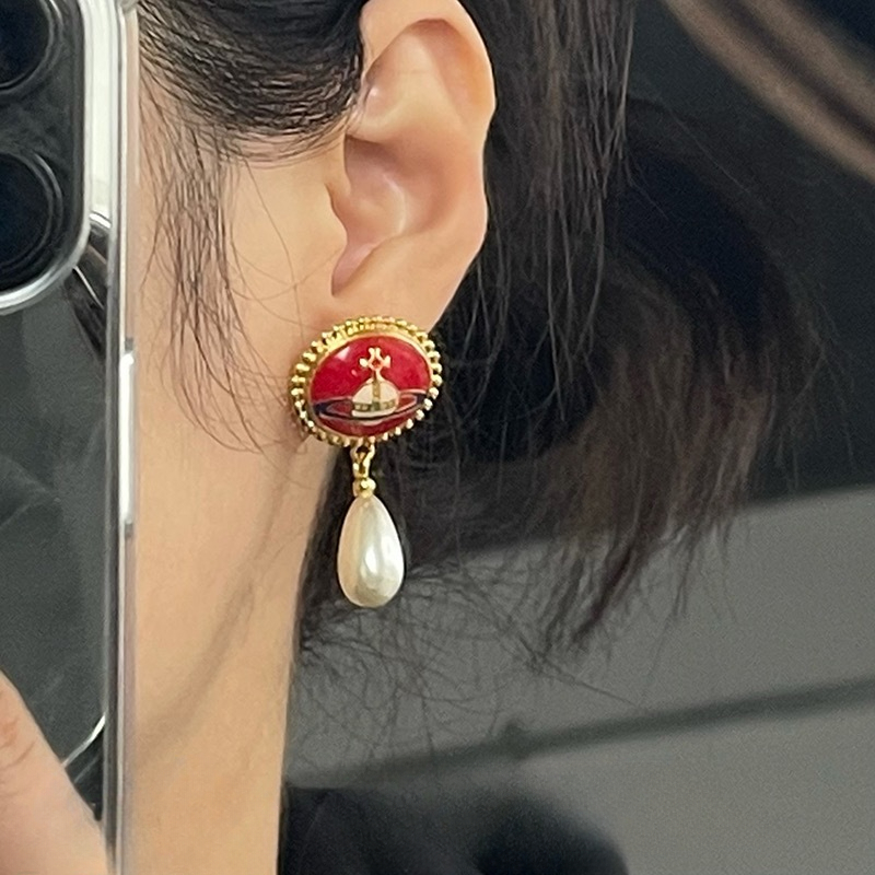 Vivienne Westwood Enamel Saturn Waterdrop Pearl Earrings - Original Replica Club