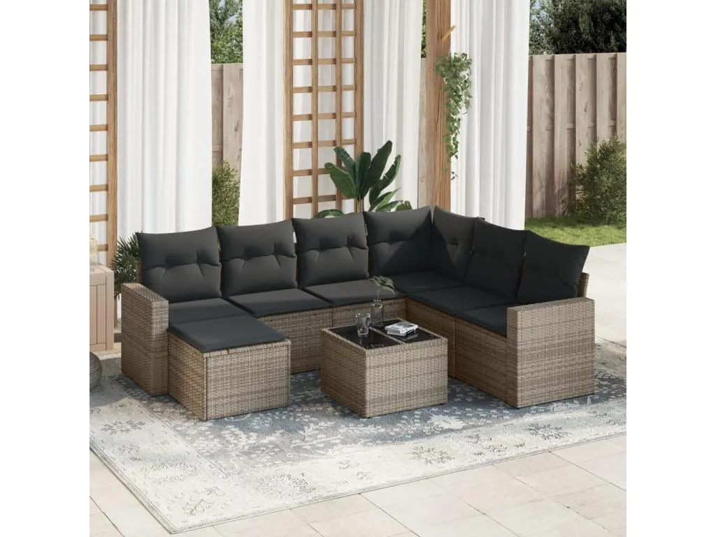 Set de sofás de jardín 8 pzas y cojines ratán sintético gris OVWD95009