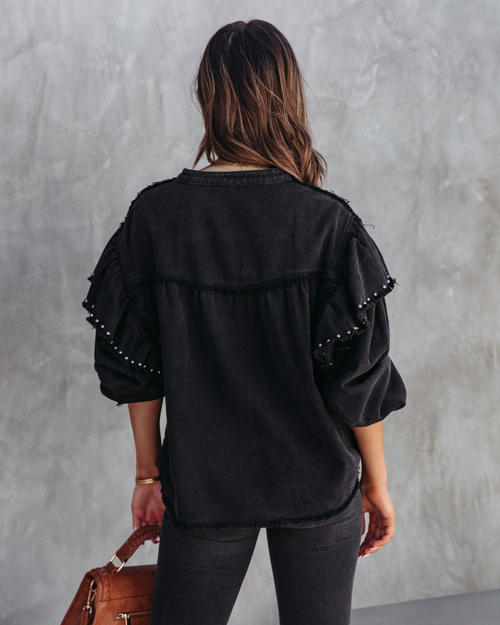 Darcey Denim Studded Frayed Lightweight Jacket - Black - SALE - Se7enfashion