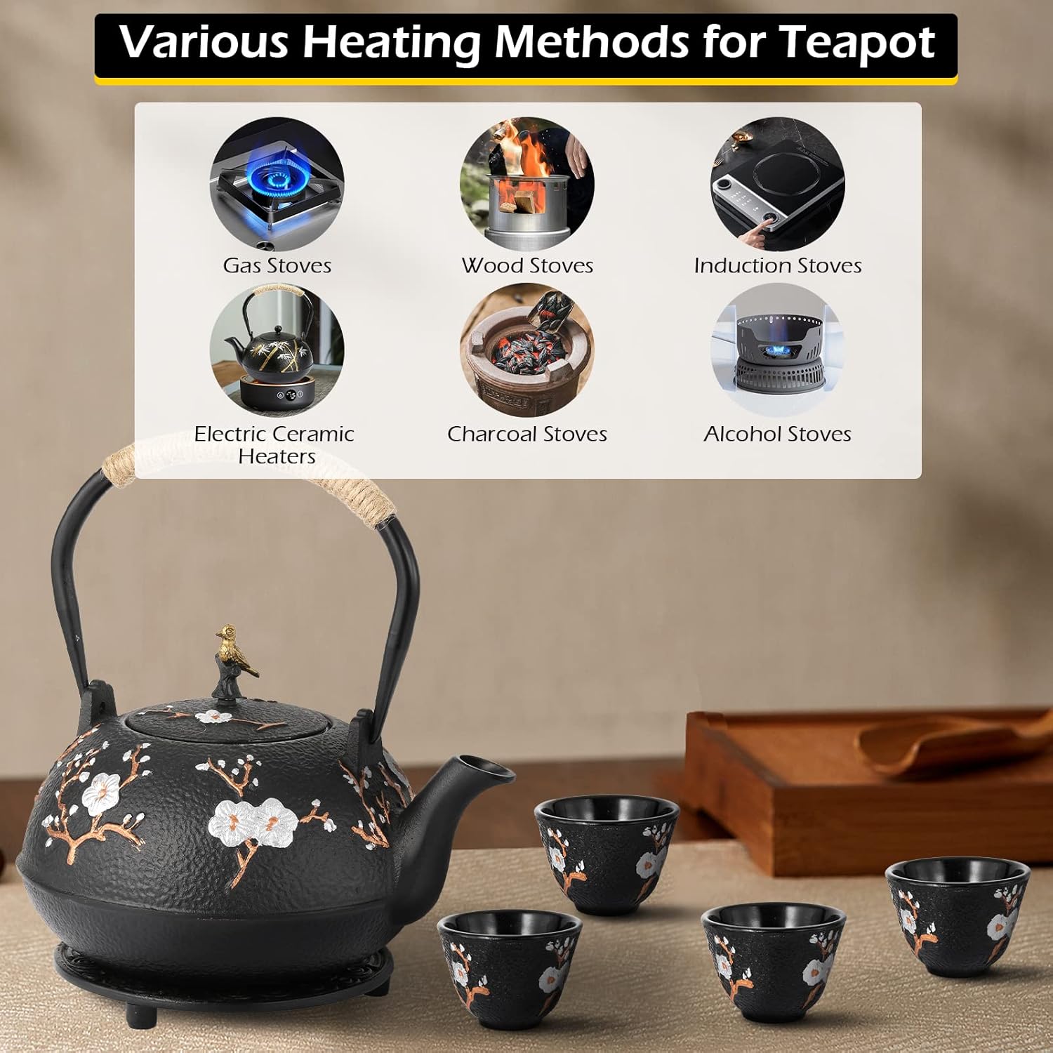 Dyna-Living Cast Iron Teapot 1200ml/40.6oz Japanese Tea Set with 4 Tea Cups Japanese Cast Iron Teapot with Infuser Japanese Tea Kettle Stovetop Gift for Tea Lover