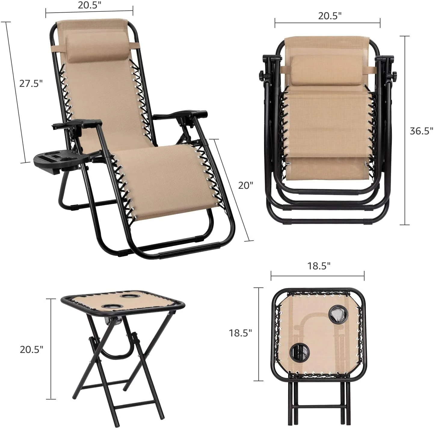 Vineego 3 Pieces Zero Gravity Chair Patio Foldable Chaise Lounge Chairs 2 Beach Chairs and Table with Cup Holders,Beige - Image 11