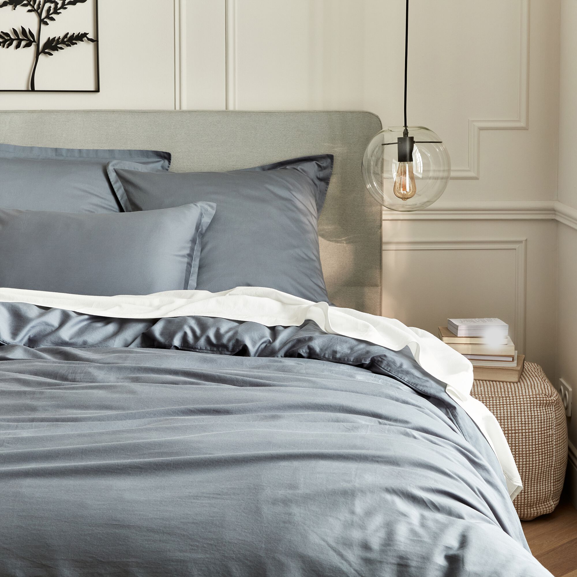 SATINE - Drap housse en satin lavé 140x200cm B30cm - bleu orage