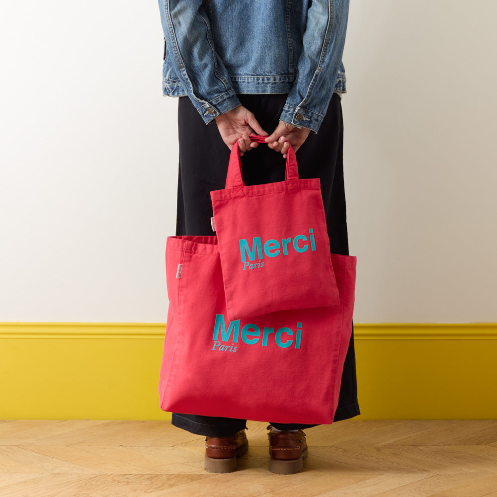 Merci - Tote Bag en coton - Framboise & Turquoise