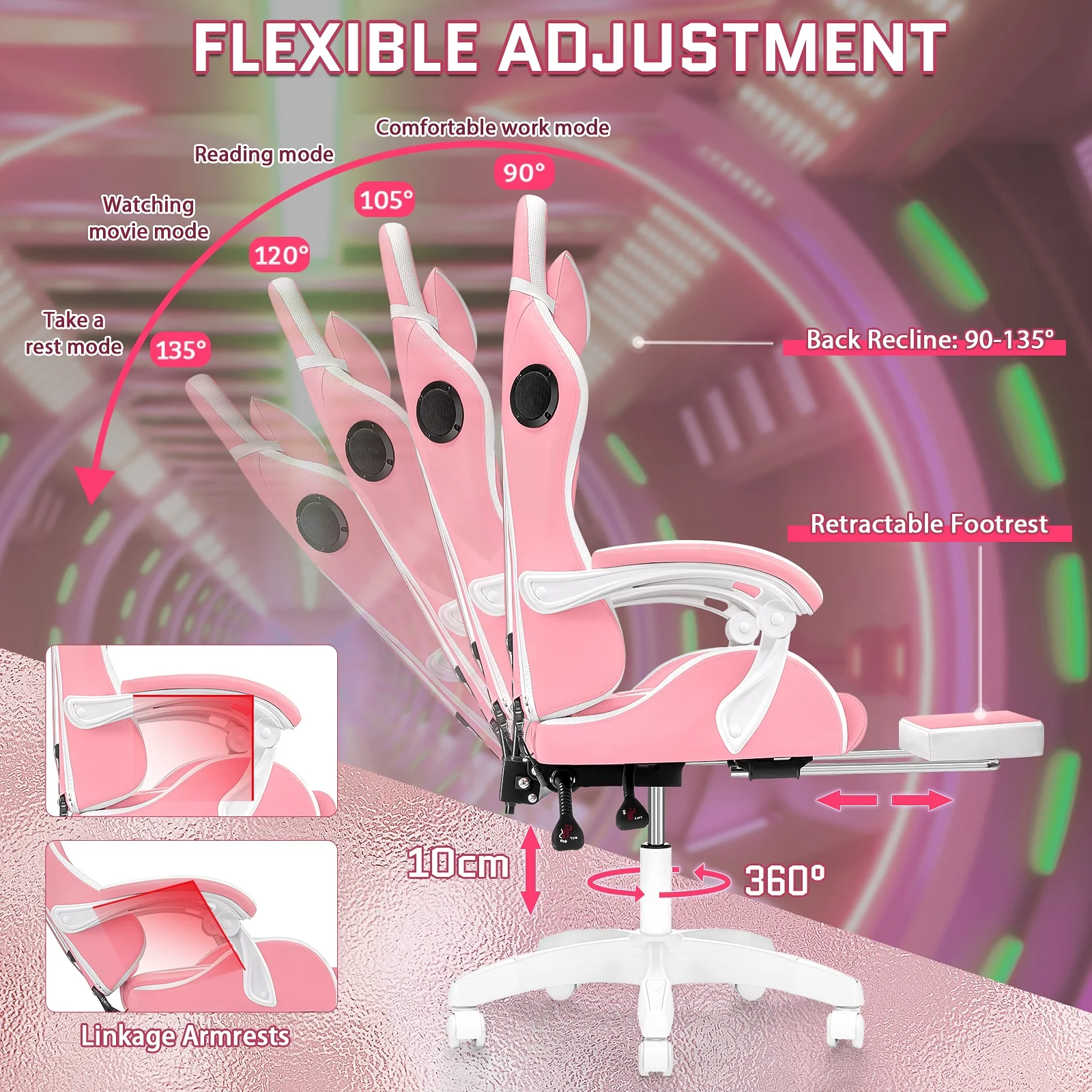 Hoffree Gaming Chair with Speakers PU Leather Office Chair with Footrest and LED Lights Ergonomic Gamer Chair with Massage Lumbar Support and Headrest Adjustable Swivel for Home Office 300lb - Image 72
