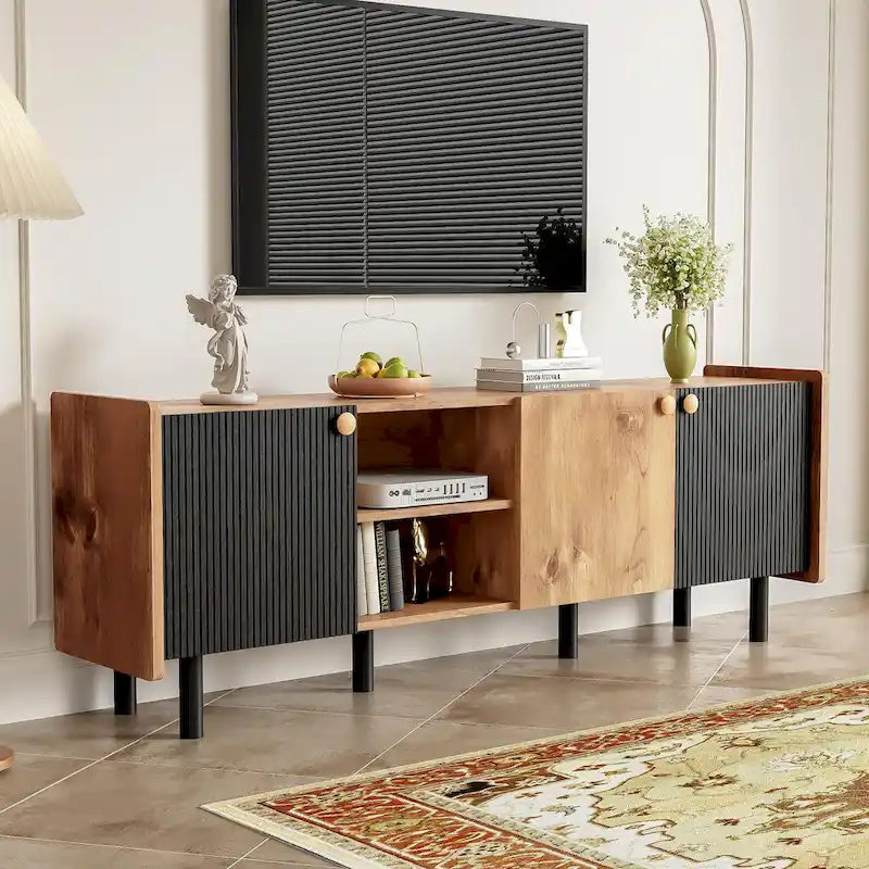 Mid-Century Modern TV Stand with 3 Cabinets - Media Console for TVs up to 70 inches, Stylish Entertainment Center with Storage for Living Room
