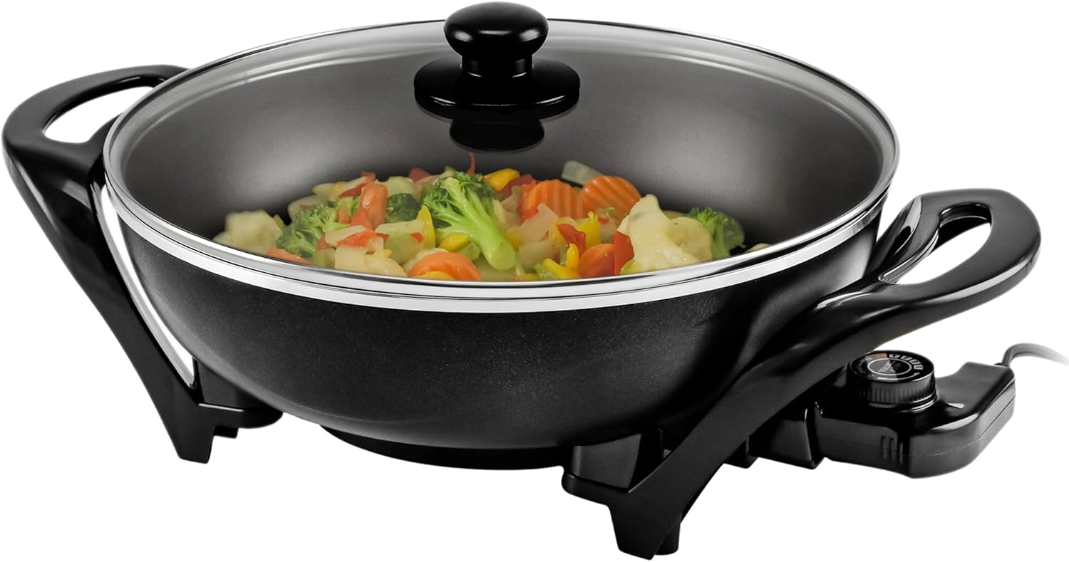 OVENTE Electric Wok with Nonstick Coating, 13 Inch Family-Sized Skillet, 1400W Power, Adjustable Temperature, Tempered Glass Lid, Cool Touch Handles and Easy to Clean Frying Surface, Copper SK3113CO