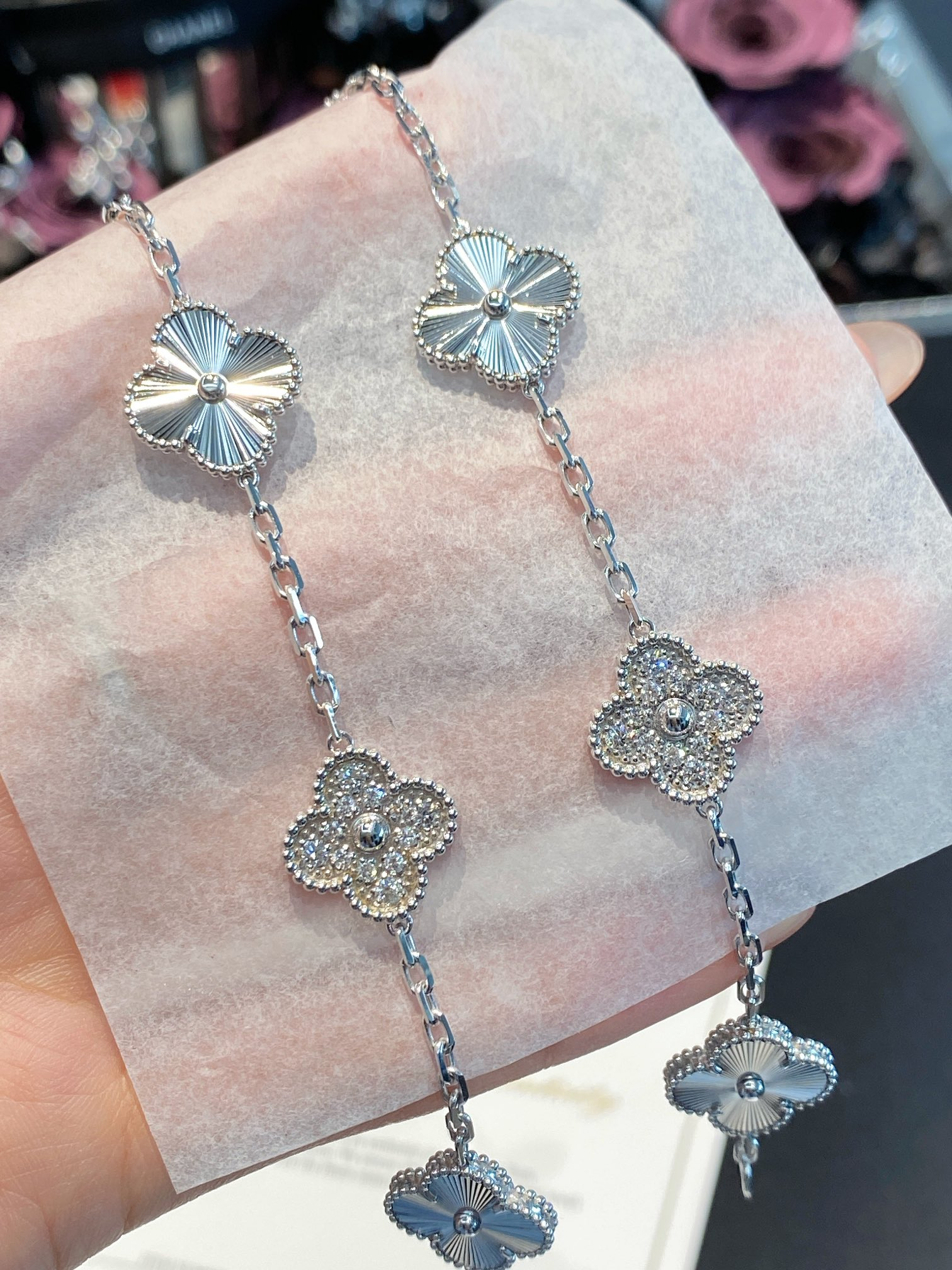 VCA Silver Diamond Vintage Alhambra Bracelet, 5 Motifs - Original Replica Club