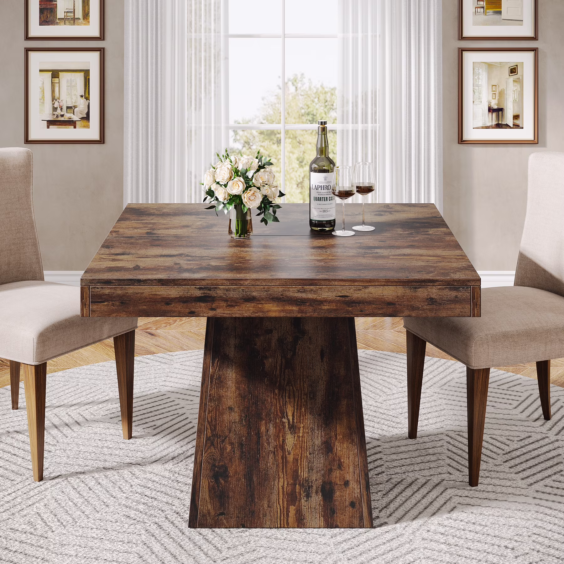 Tribesigns Square Dining Table for 4, 31.5-Inch Kitchen Table Small Dinner Table with Sturdy Pedestal Base, Farmhouse Dining Room Table for Home Dining Room, Living Room, Kitchen, Vintage Brown - Image 3