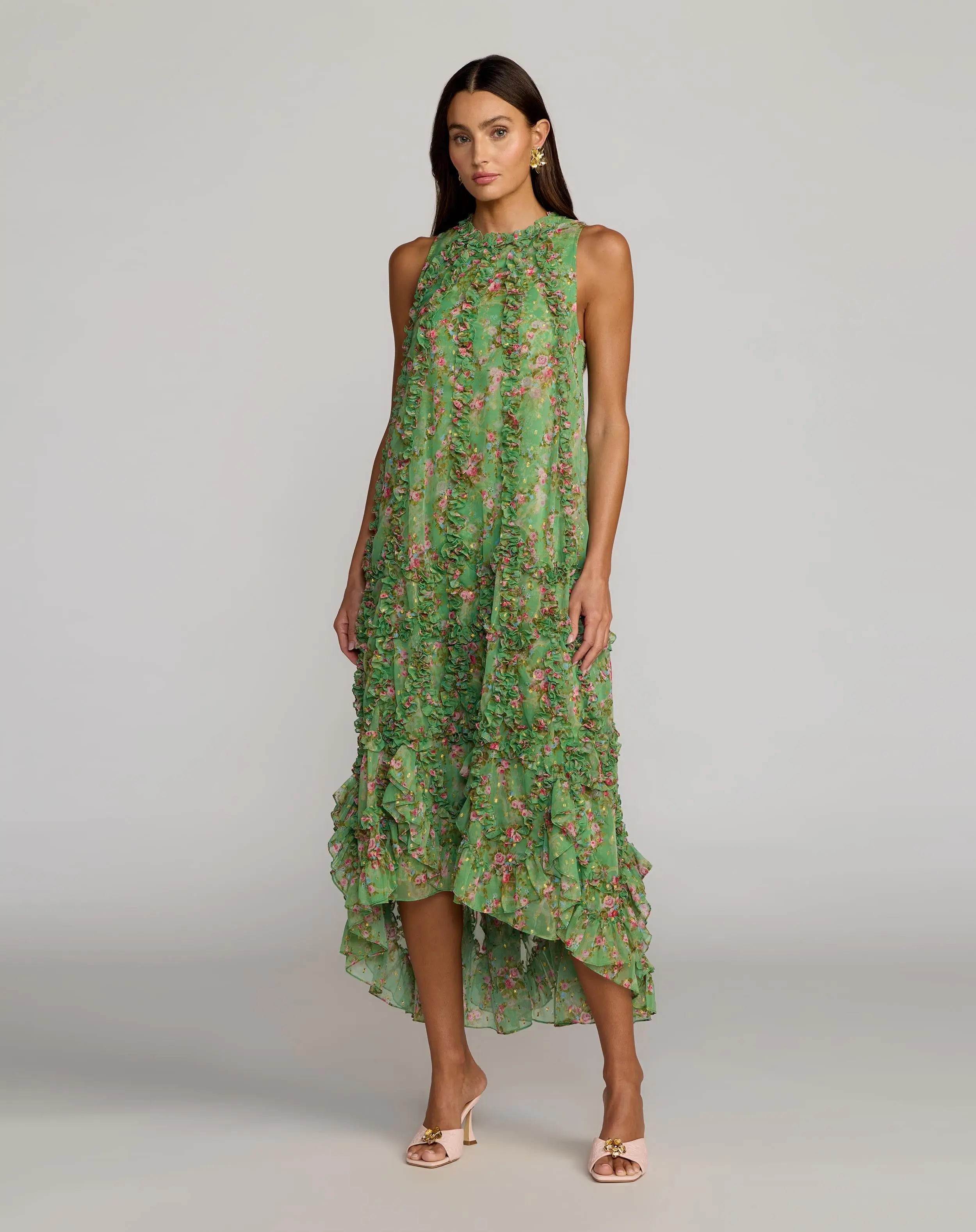 Green Sleeveless Floral Chiffon Micro Ruffle Trapeze Midi Dress - Special Events Unlimited