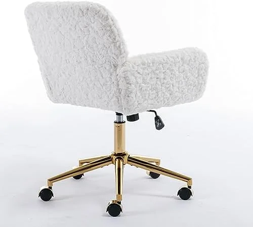 Fluffy Desk Chair,Height Adjustable Vanity Chair with Wheels,Comfortable Faux Fur Desk Chair with goldenn Base, Arm Chair for Bedroom,Living Room,Vanity,Office - Image 9