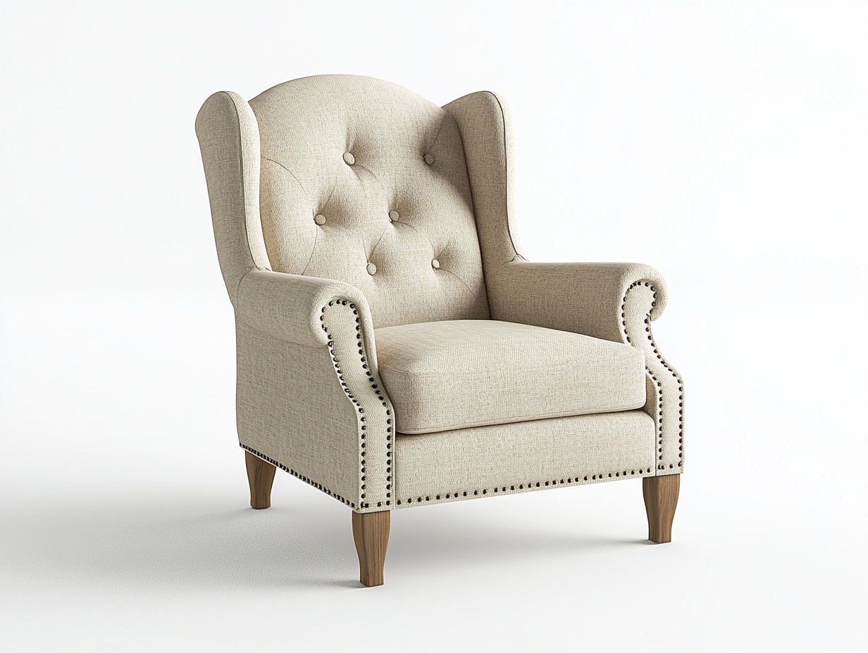Sillón individual 80×85×105 cm – tela – beige – con respaldo alto y detalles con tachuelas