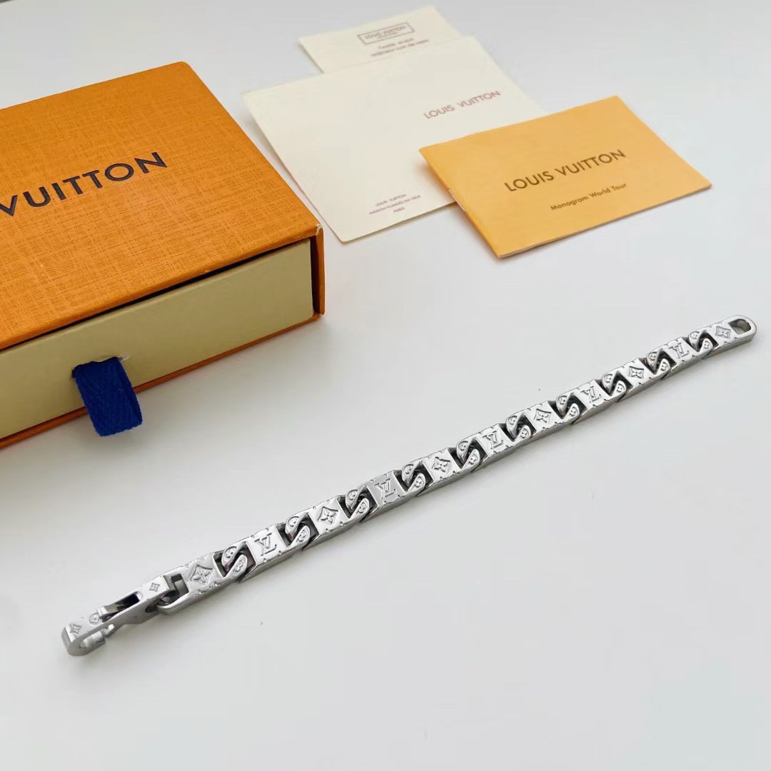 Louis Vuitton Silver Monogram Mens Bracelet - Original Replica Club