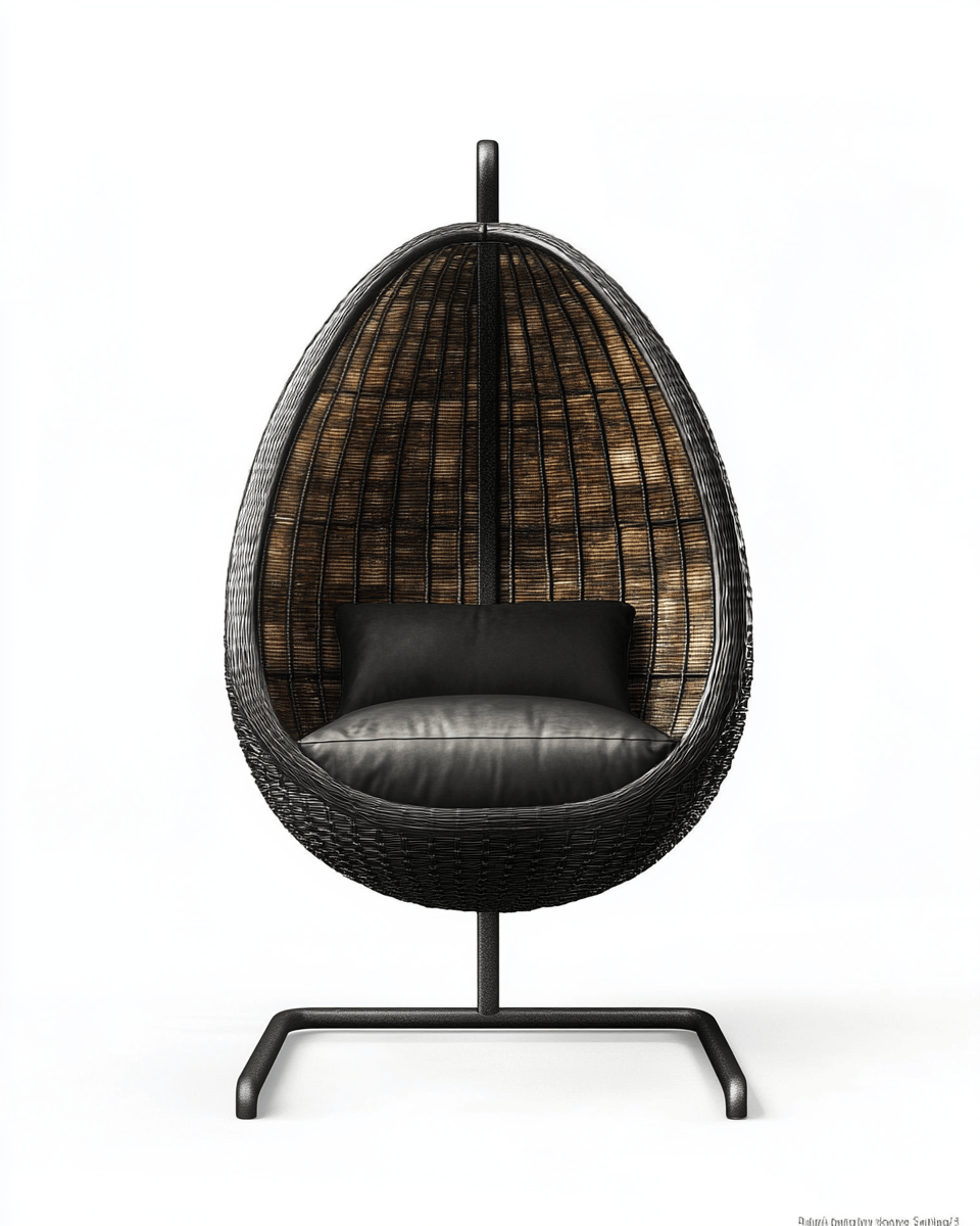 Silla colgante tipo huevo – ratán sintético – negro – con cojines – estructura metálica