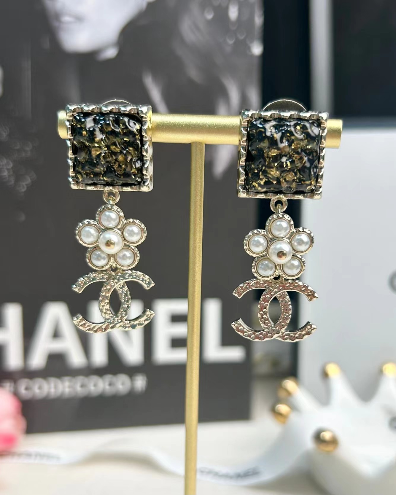 Chanel Pearl Flower Double C Dangle Earrings - Original Replica Club