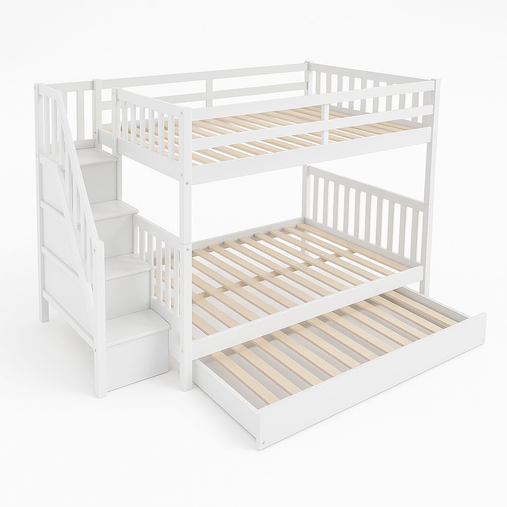 Litera triple de madera blanca con escalera, cama superior e inferior, espacio de almacenamiento