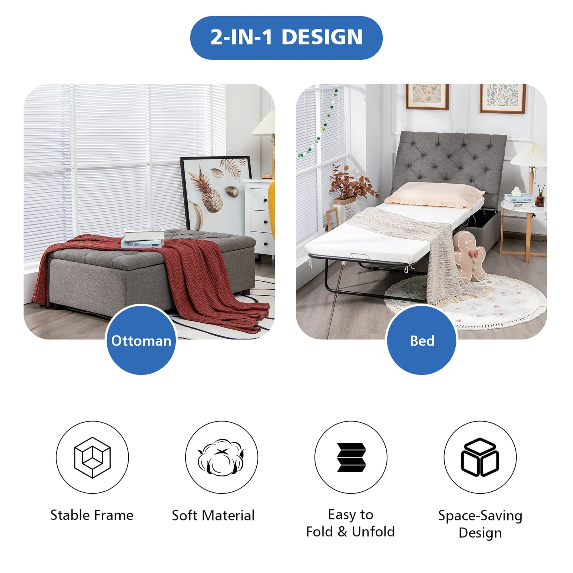 Costway Folding Ottoman Sleeper Bed with Mattress Convertible Guest Bed Grey - Image 11