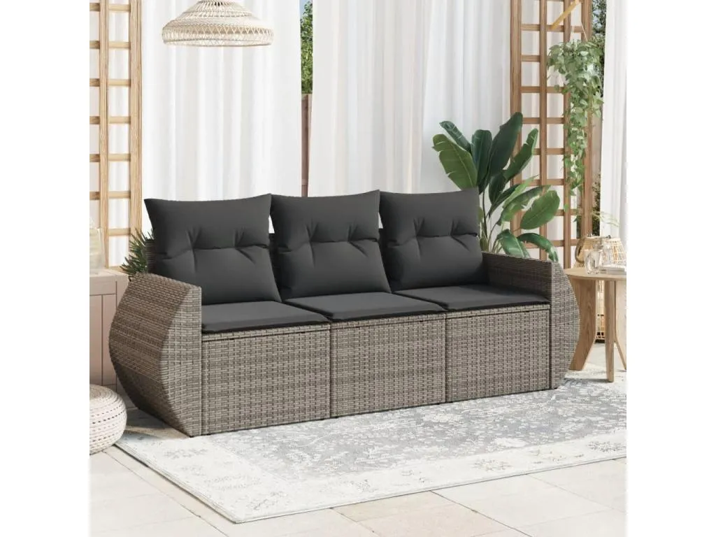 Set de sofá de jardín 3 pzas y cojines ratán sintético gris