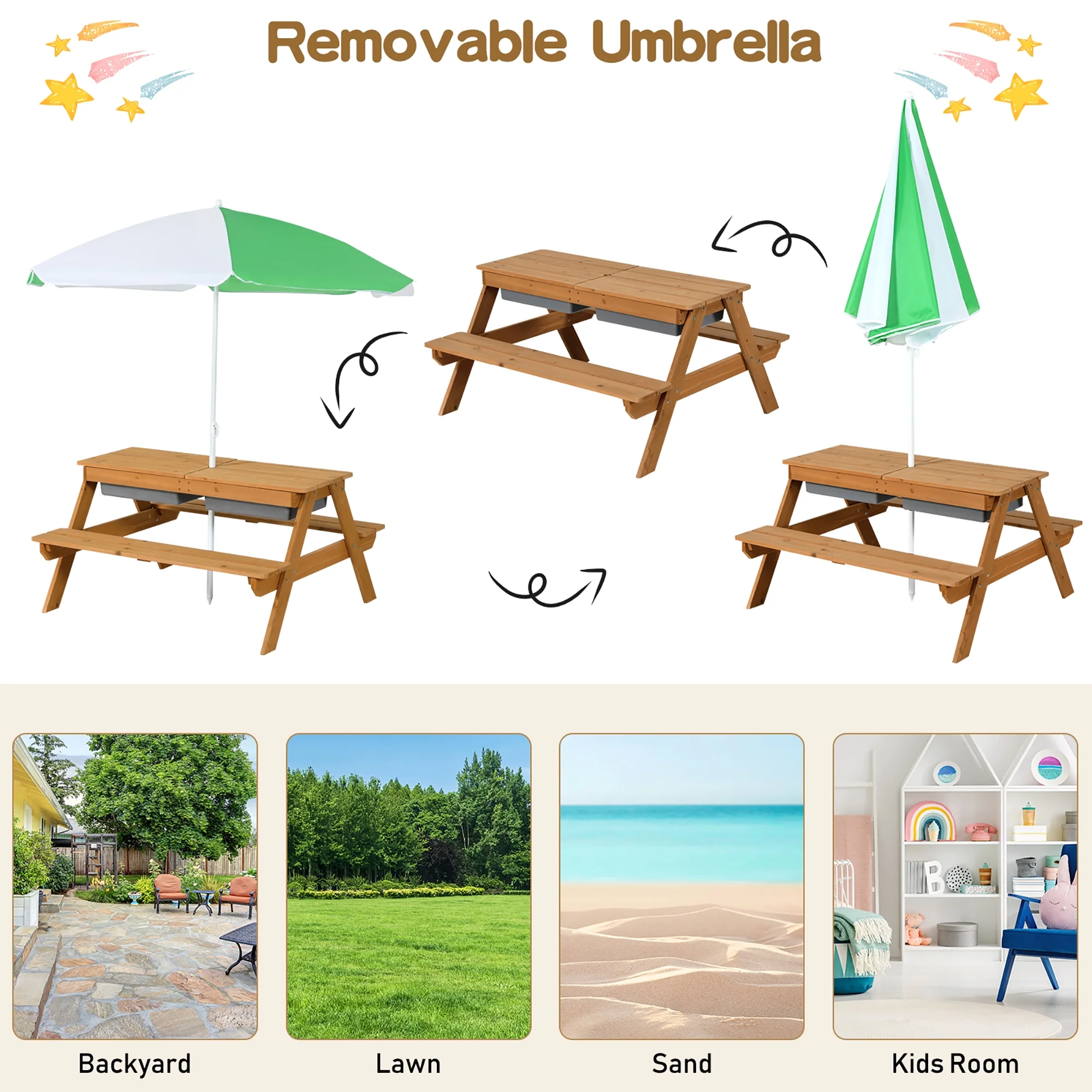 Costway 3-in-1 Kids Picnic Table Wooden Outdoor Sand & Water Table with Umbrella Play Boxes Green - Image 28