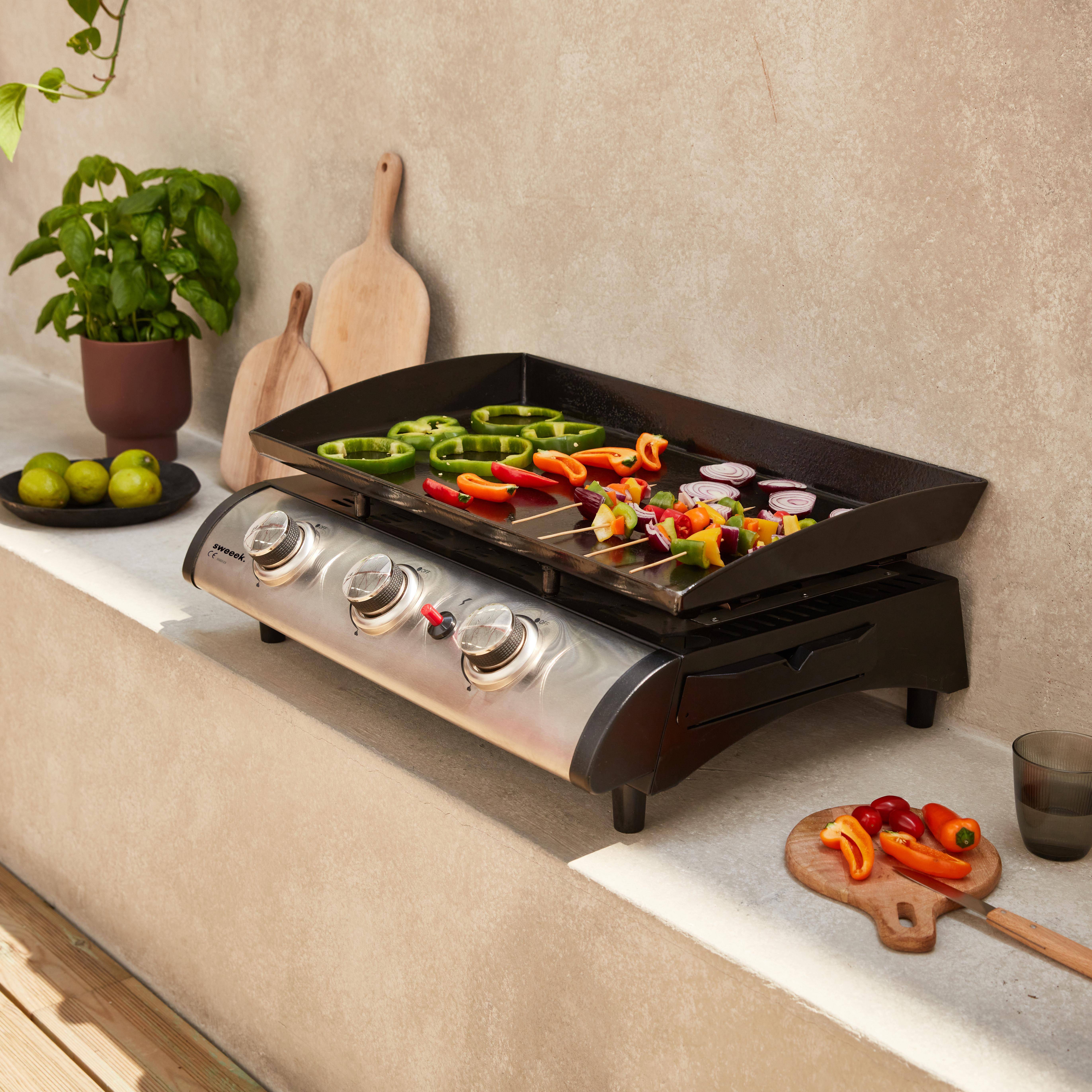 Porthos 3 - Plancha de gas con 3 quemadores de acero inoxidable, 7.5kW
