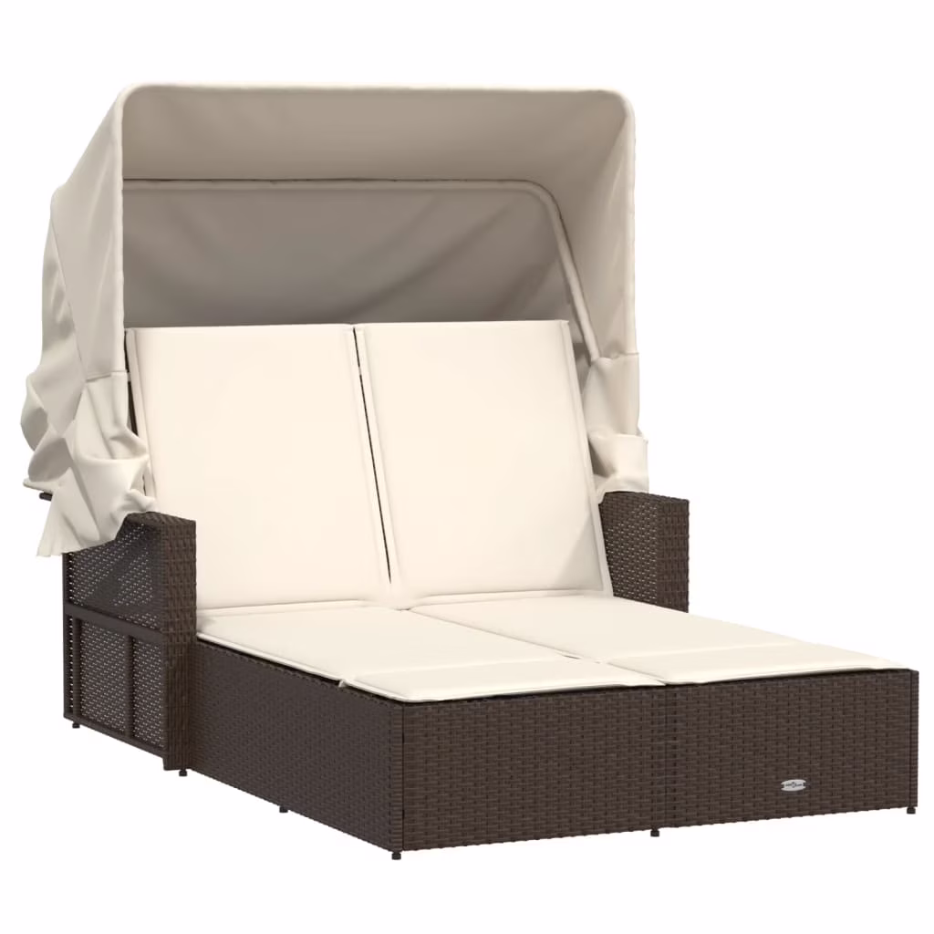 vidaXL Powder Coated Steel Removable Canopy and Cushions Double Sun Lounger, Beige - Image 5