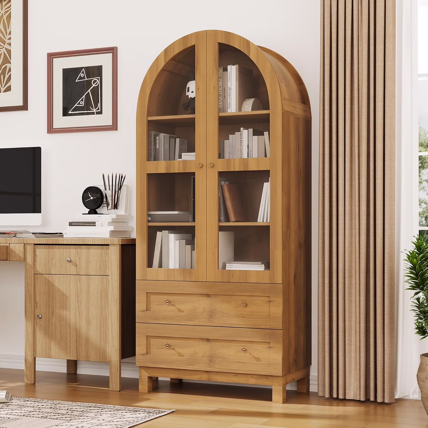 Litake 71" Tall Arched Bookshelf, Modern Bookcase with 2 Drawers, Glass Door and Adjustable Shelf, Wooden Display Cabinet, Versatile Bookshelf Kitchen Storage Pantry for Living Room, Bedroom - Natural(Oak)