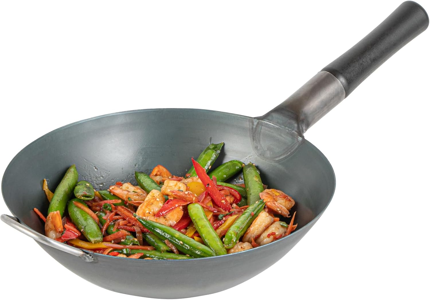 Restaurantware Carbon Steel Wok 1 Pack of 11.6 Inch Heavy-Duty Uniform Heat Distribution Pan Induction Compatible Flat Bottom Wok Welded Handle Black For Gas Stovetops And Grills