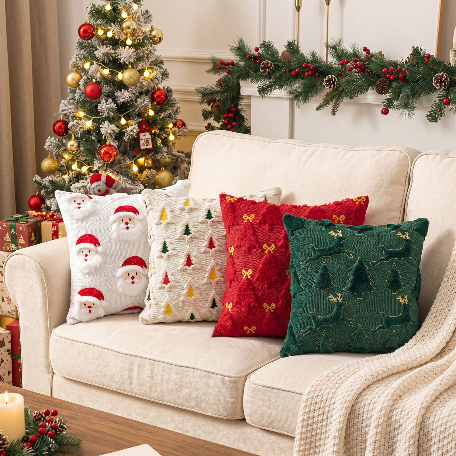 Christmas 4Pcs Throw Pillow Covers Polyester Linen Texture Snowman Buffalo Plaid Printed Square Decor Cushion Covers